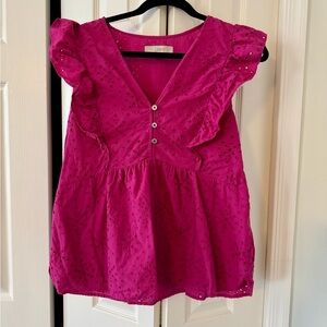 LOFT Hot Pink Eyelet Peplum Blouse with Ruffle Sleeves